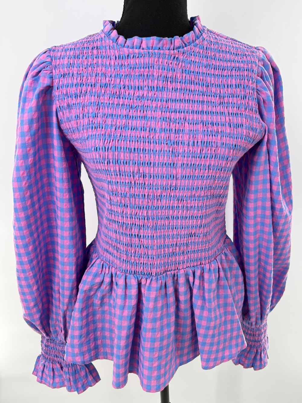 Hyacinth House Ruby Blouse Gingham Smocked Peplum Ruffle Blouse Blue Pink Size M - Picture 4 of 16